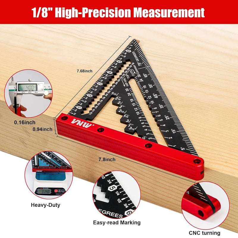 VNW 7inch Rafter Square with Carpenter Pencil, 1/8" Precision Heavy Duty Aluminum Woodworking Rule,Triangle Ruler Measuring Layout Tool (Black, Rafter Square with Bag) - Image 2